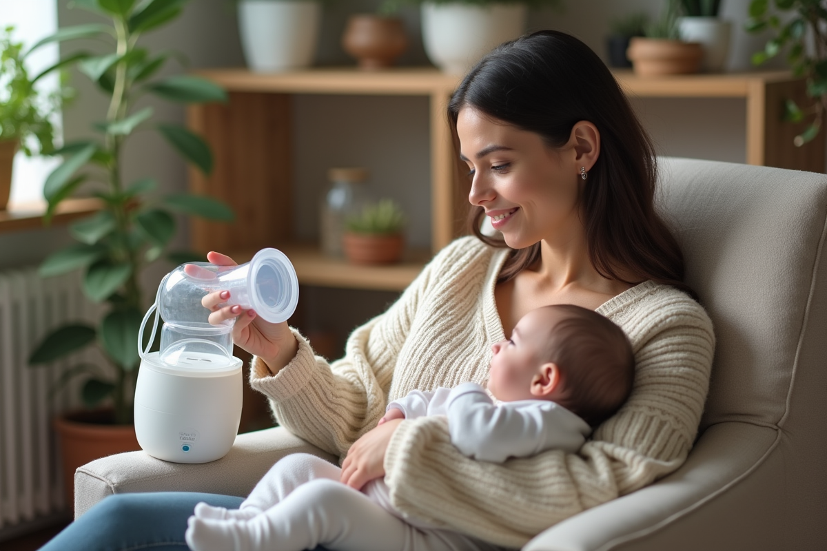 Jeune maman utilisant un tire-lait dans un salon cosy
