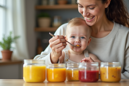 Maman heureuse donnant à manger à son bébé avec des pots de nourriture maison