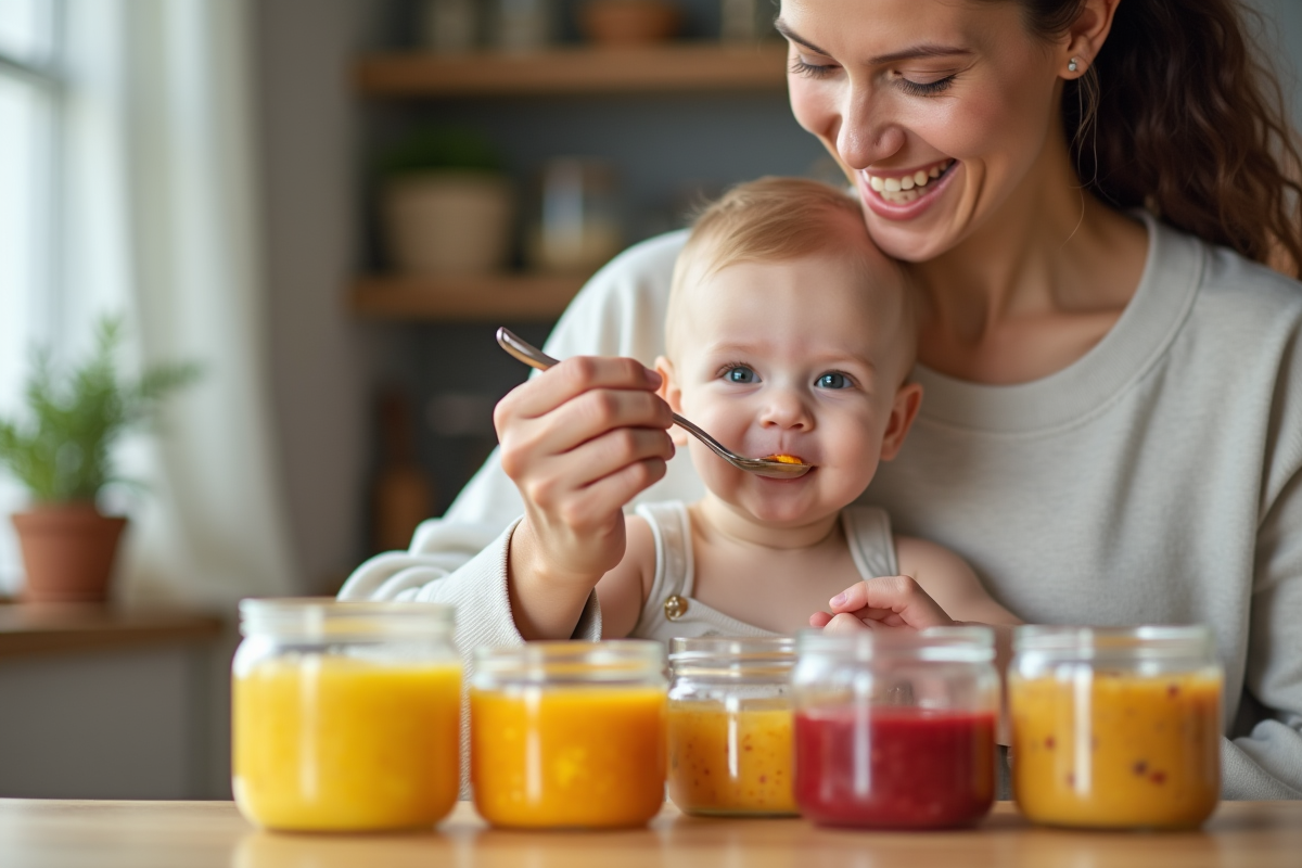 Maman heureuse donnant à manger à son bébé avec des pots de nourriture maison