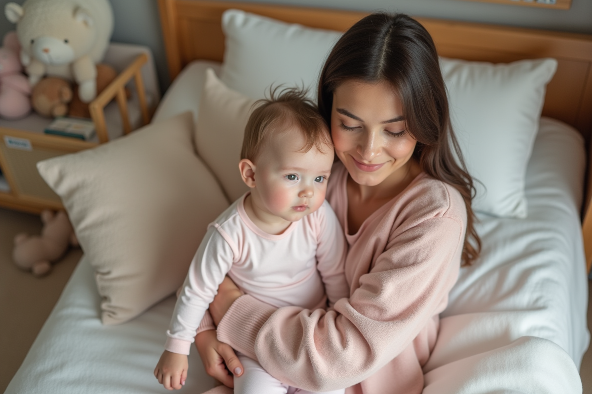 Maman tenant sa bébé dans une chambre douce et chaleureuse