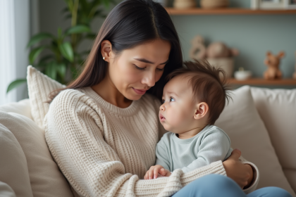 Maman et bébé dans un salon pastel et chaleureux