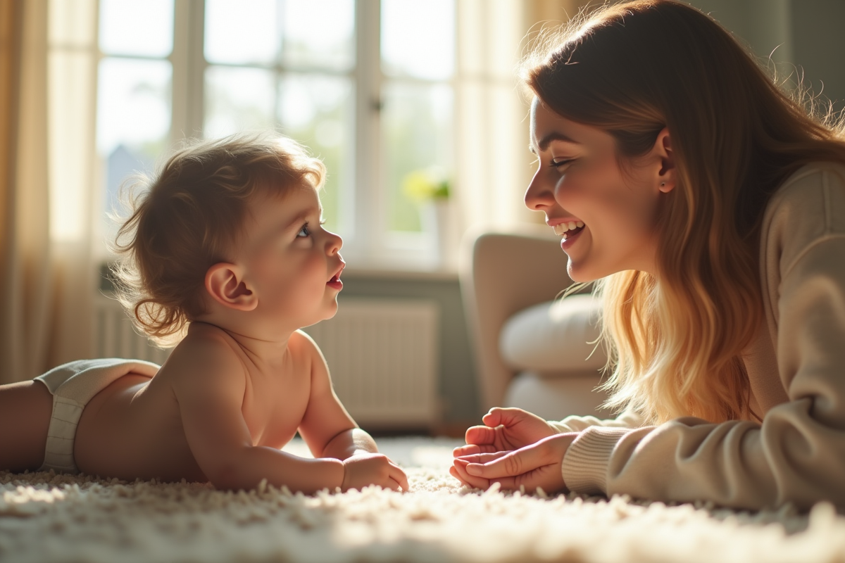 Maman douce parlant à son bébé dans un salon lumineux