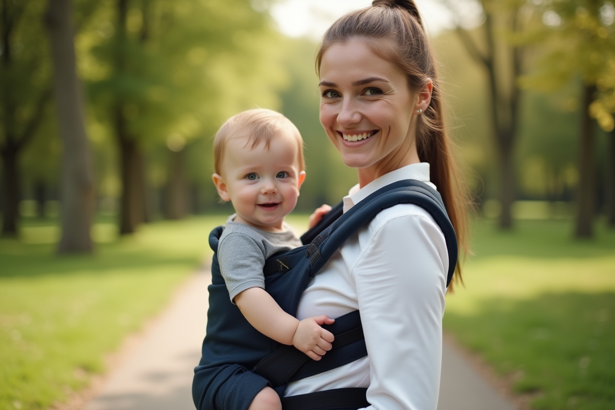 Jeune maman avec bébé dans un porte-bébé ergonomique en plein air