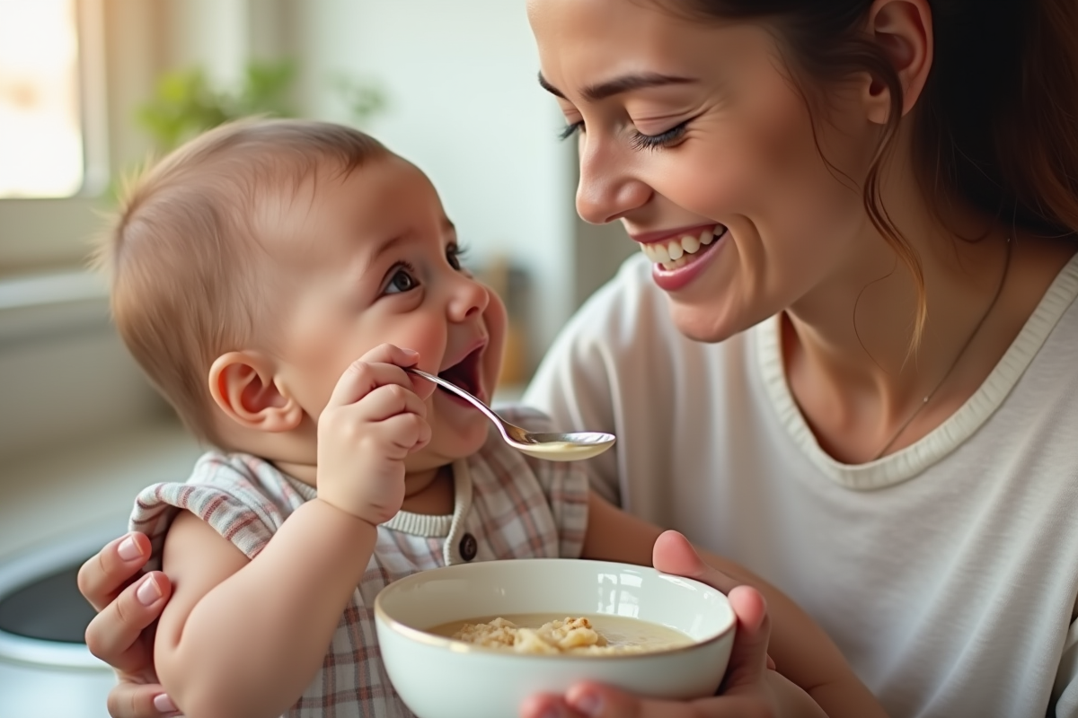 Jeune maman donnant de la purée d'avoine à son bébé souriant