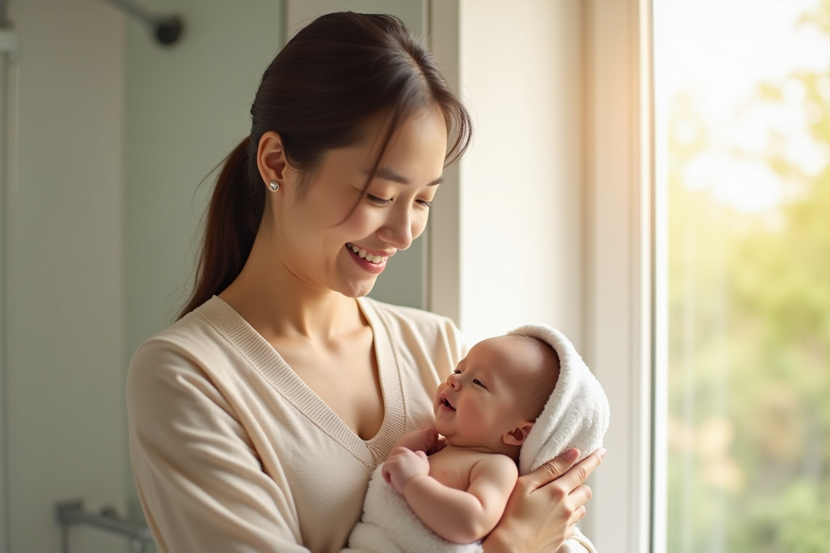 Maman sèche doucement son bébé dans la salle de bain lumineuse
