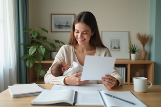 Jeune maman souriante avec bébé dans un bureau moderne