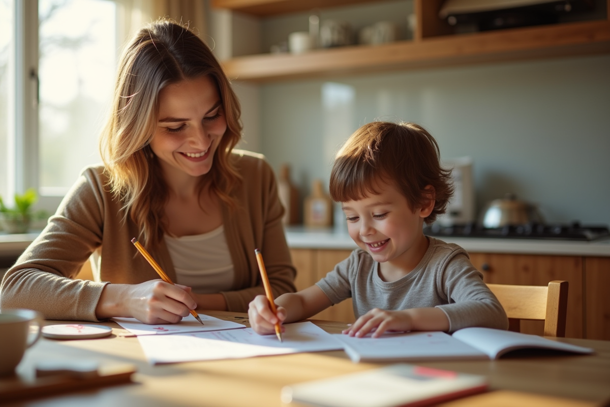Maman et enfant souriants faisant leurs devoirs ensemble