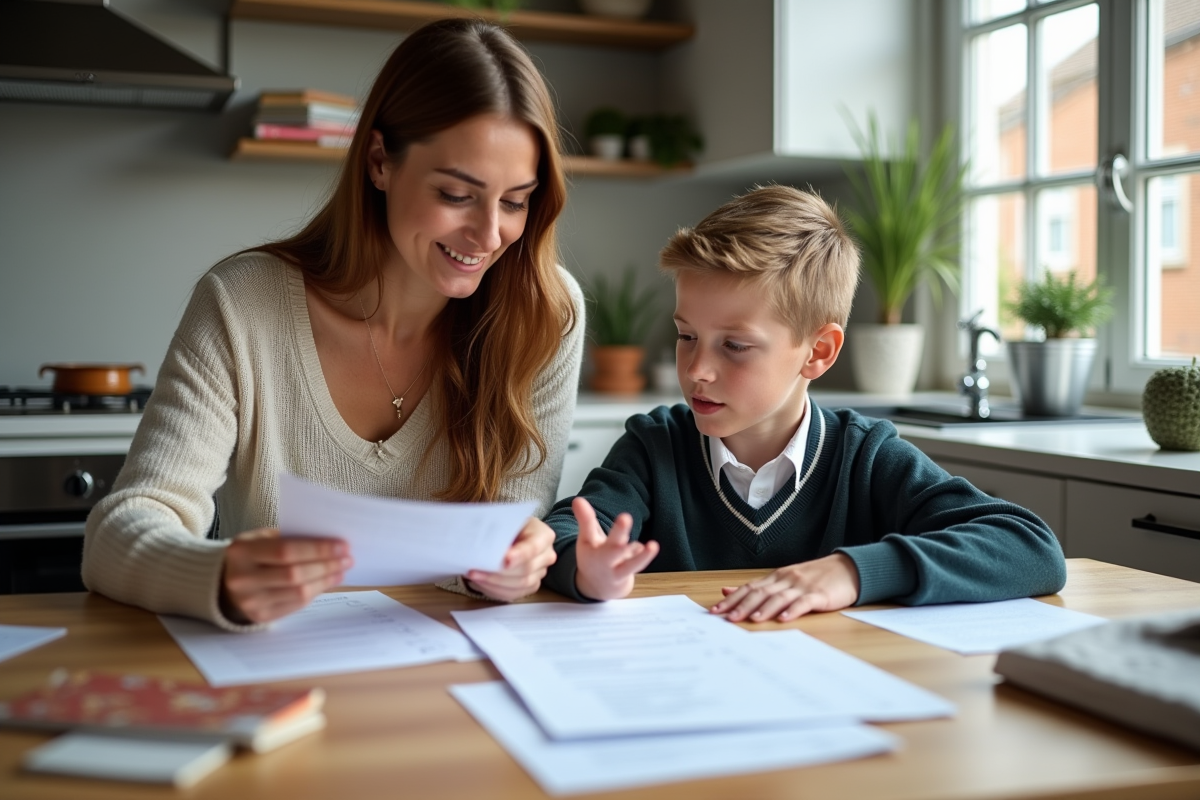 Maman et son fils examinent des documents à la maison