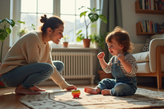 Maman frustrée avec sa fille en crise dans un salon chaleureux