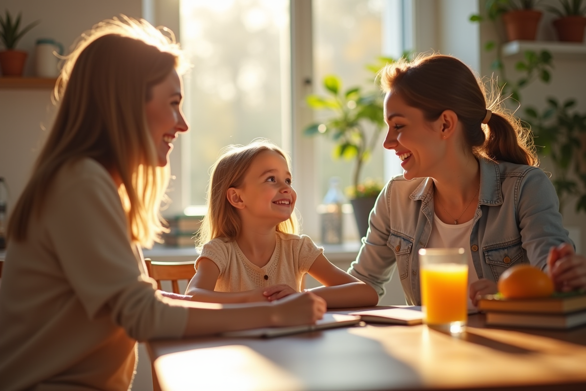 Maman souriante encourageant sa fille à la table