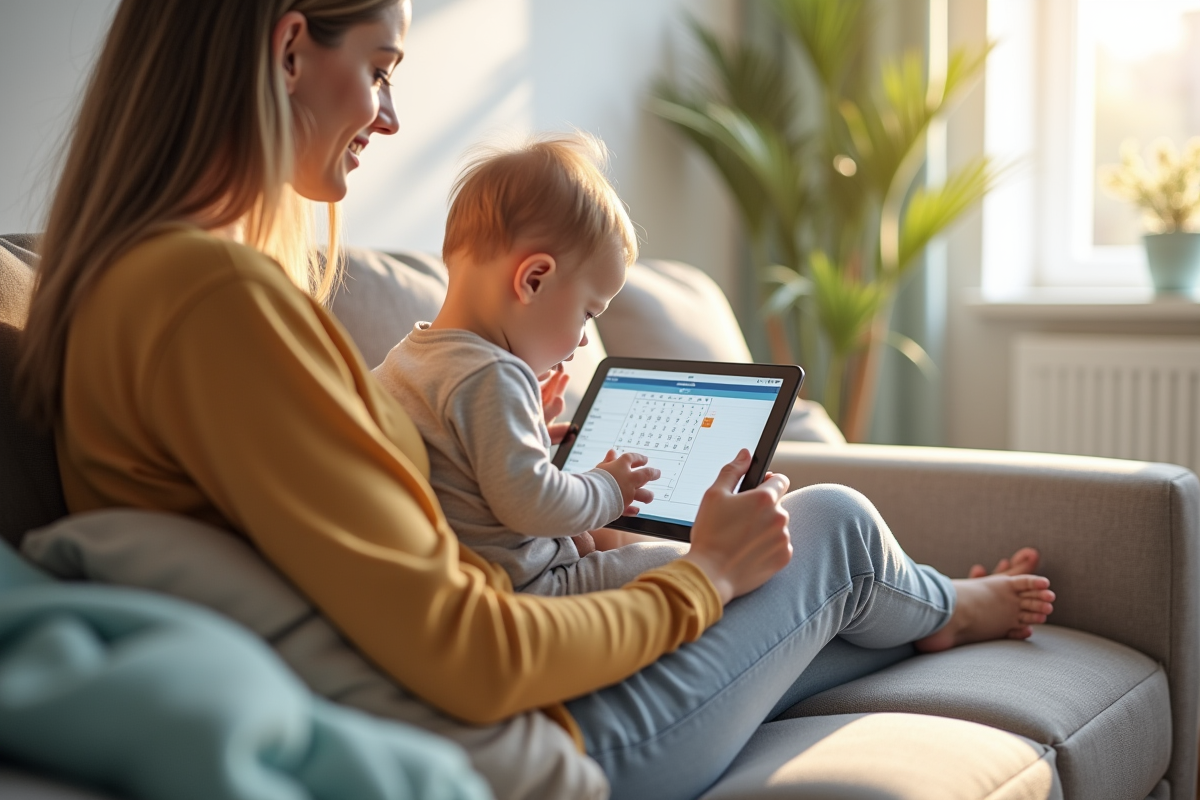Maman multitaske dans le salon avec un tablette et un enfant