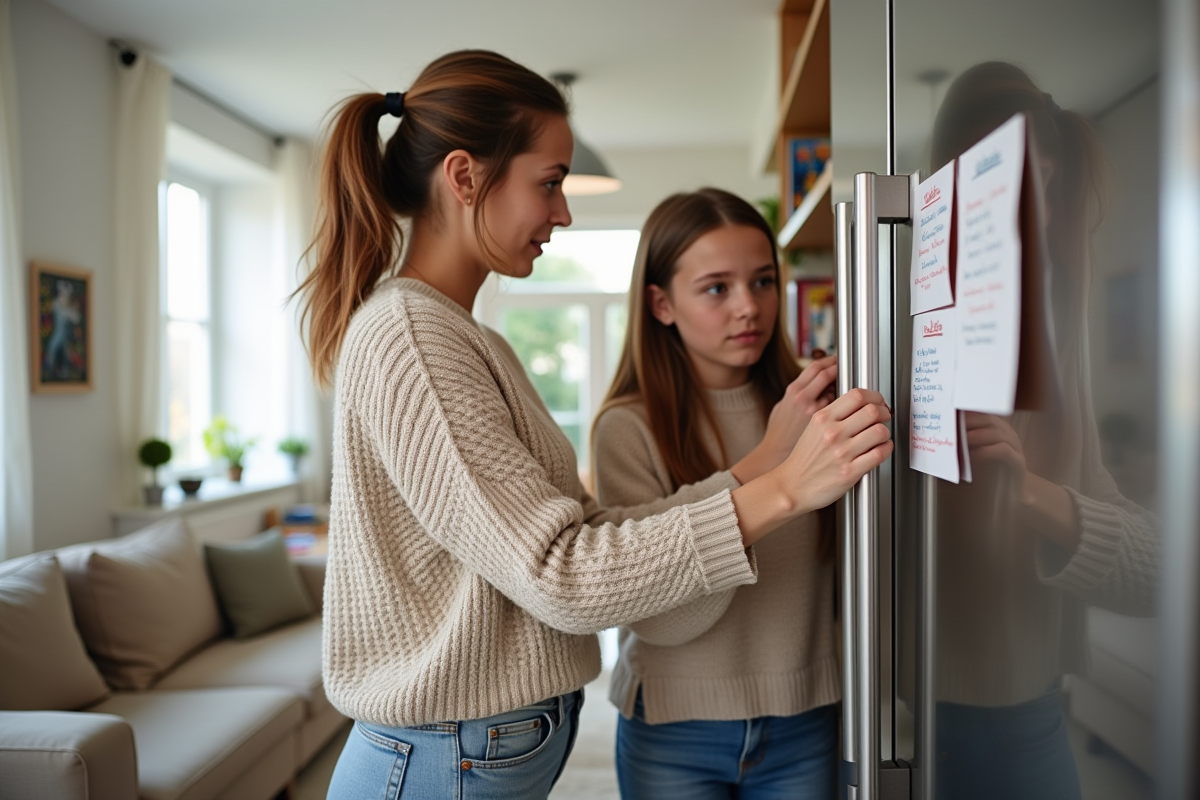 Maman organisant le planning familial sur le frigo