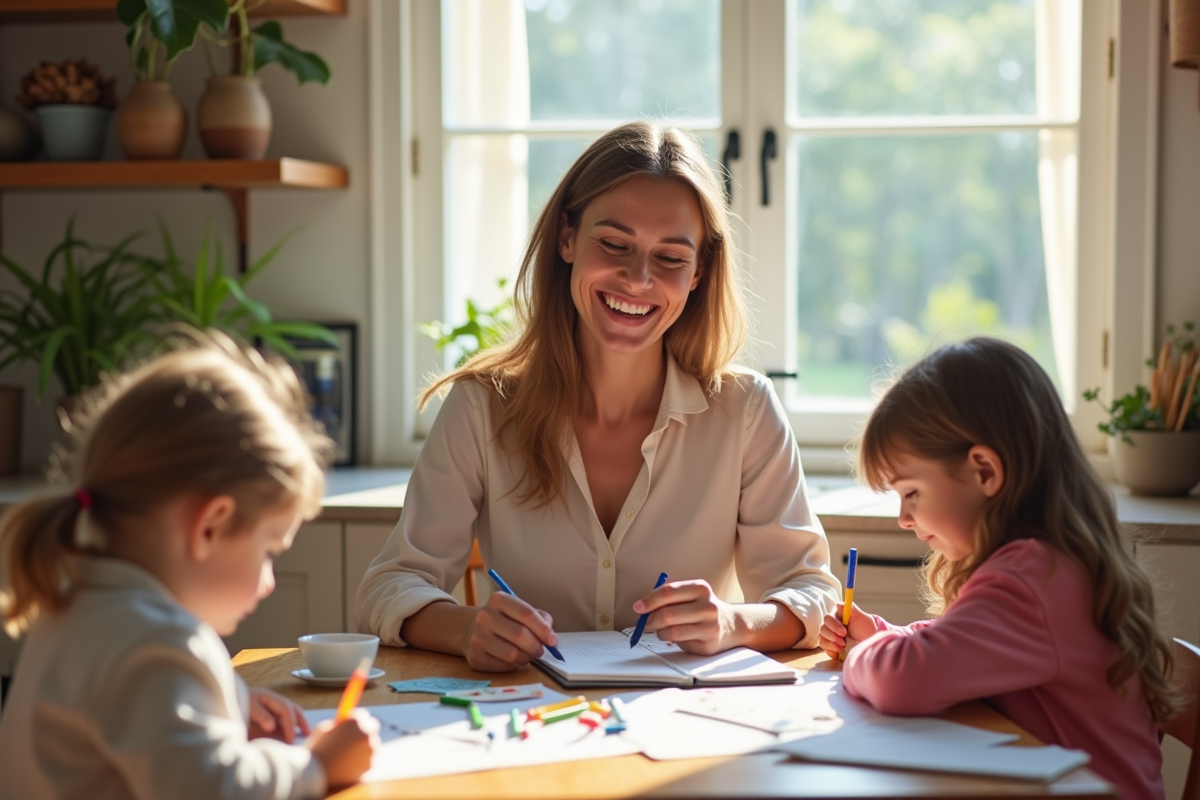 Maman souriante à la cuisine avec ses enfants et un planner