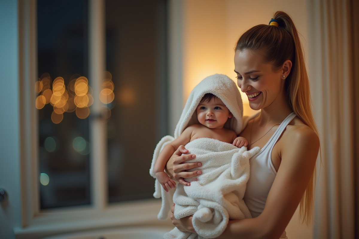 Maman souriante tenant son bébé dans une salle de bain moderne