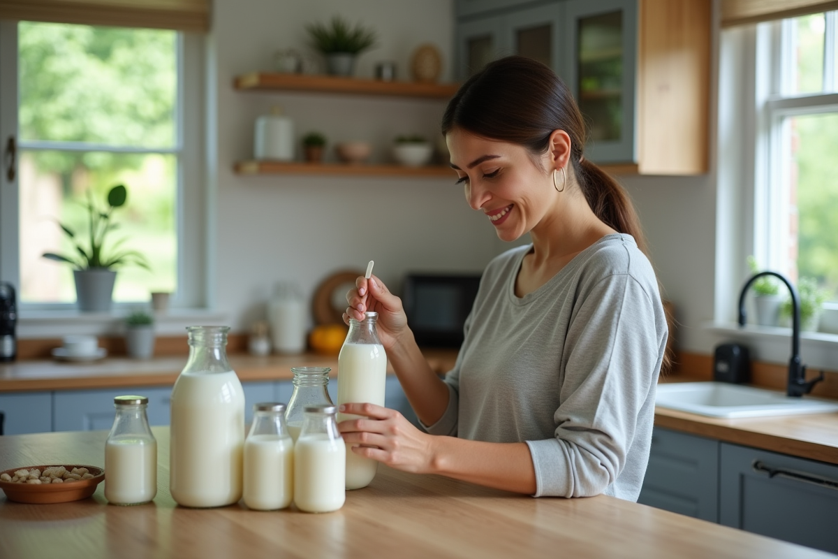 Maman rangeant du lait dans des biberons dans la cuisine