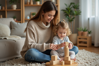 Maman et sa fille jouent avec des blocs en bois dans un salon chaleureux