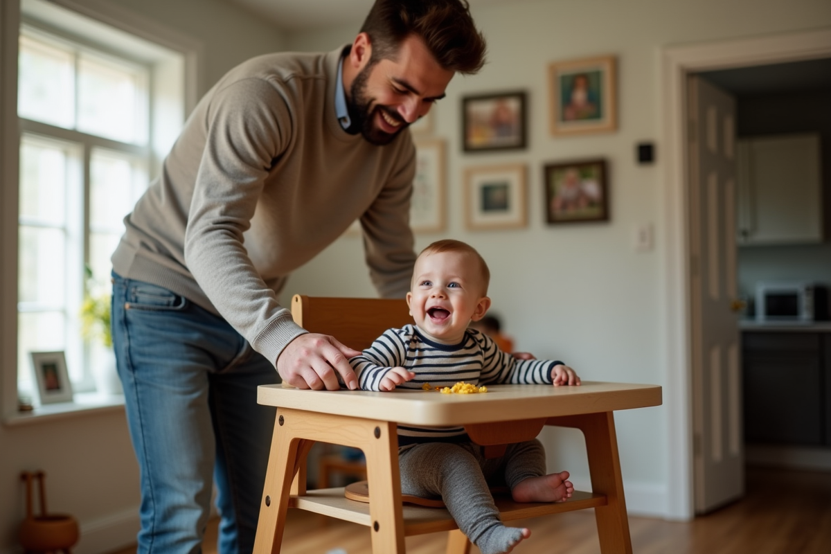 Papa aidant son bébé dans une chaise haute à la maison