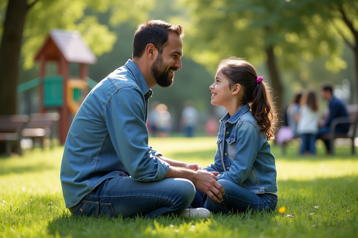 Père et fille discutant dans un parc en plein air