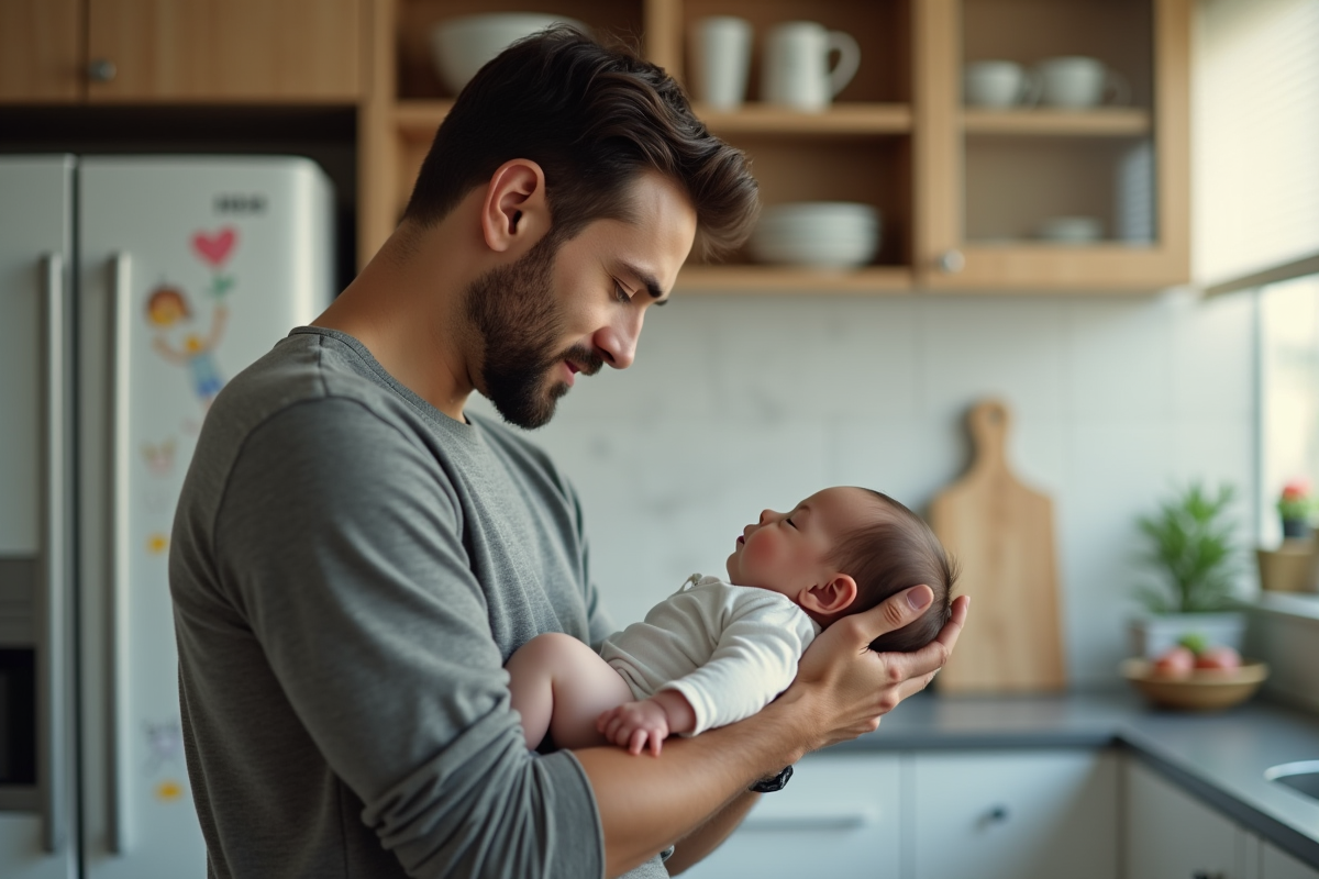 Papa tenant son bébé dans une cuisine moderne