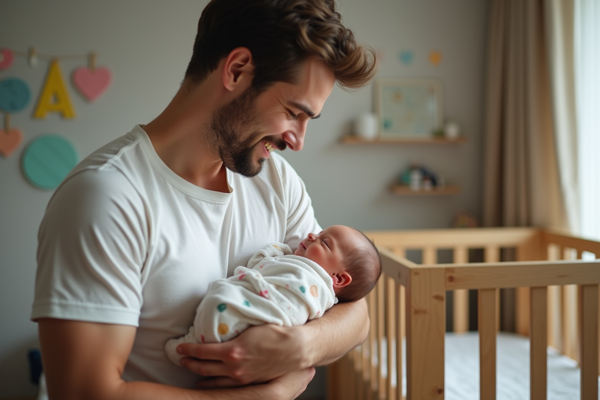 Pere tenant son bebe dans un environnement chaleureux