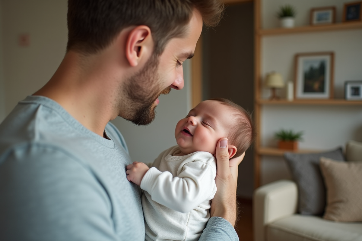 Père tenant tendrement son bébé de 4 semaines dans un salon chaleureux