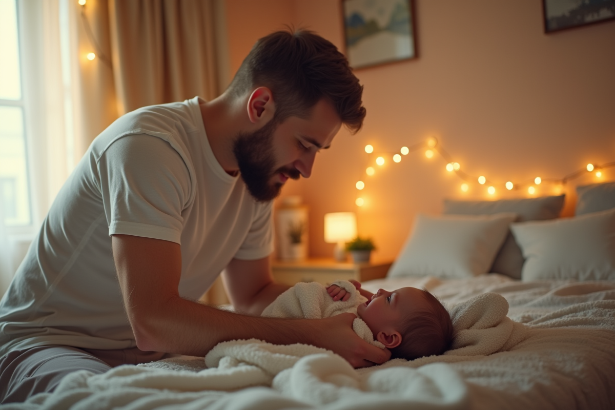 Père calme séchant son bébé dans une nurserie chaleureuse