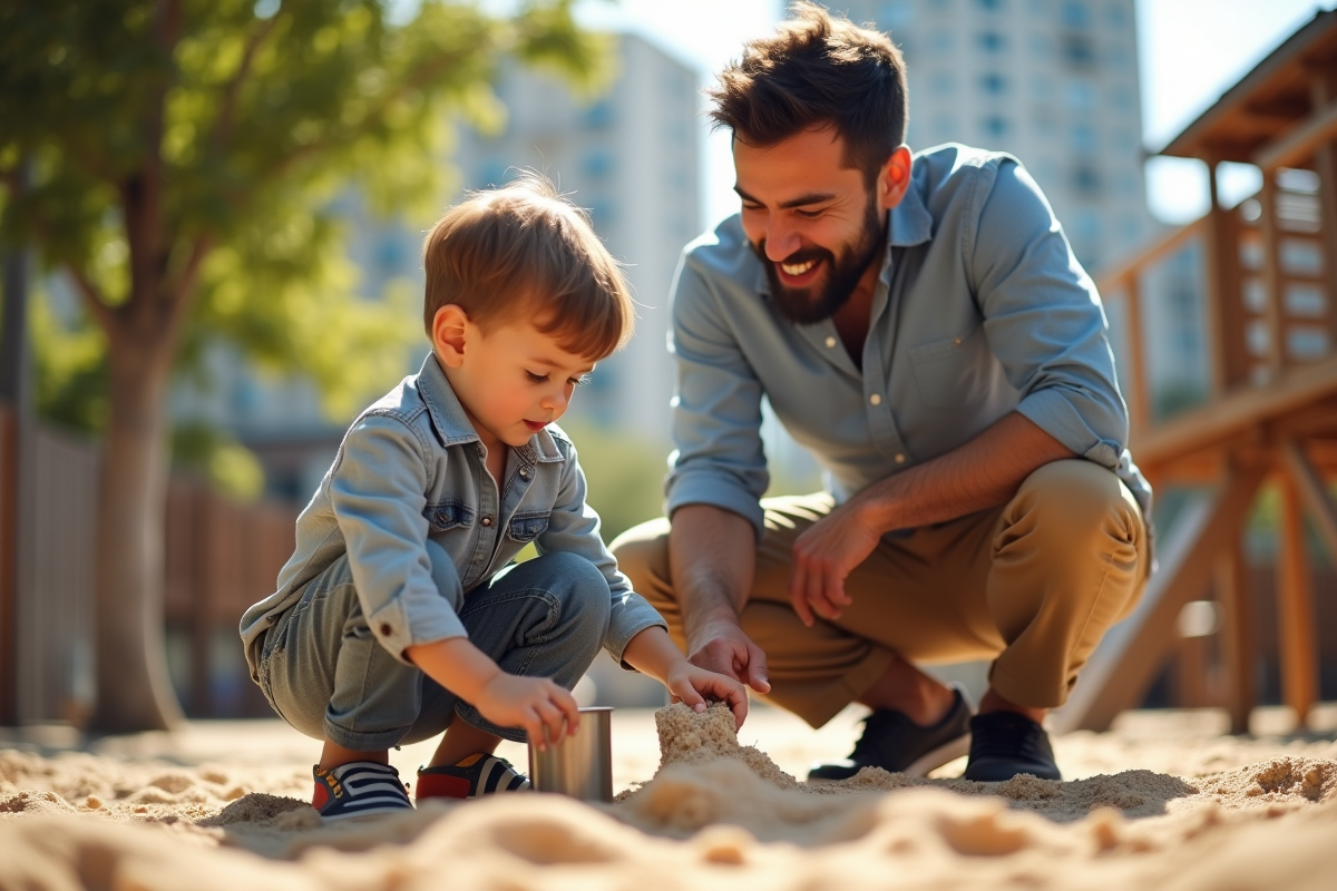 Père et son enfant jouent dans un bac à sable en plein air