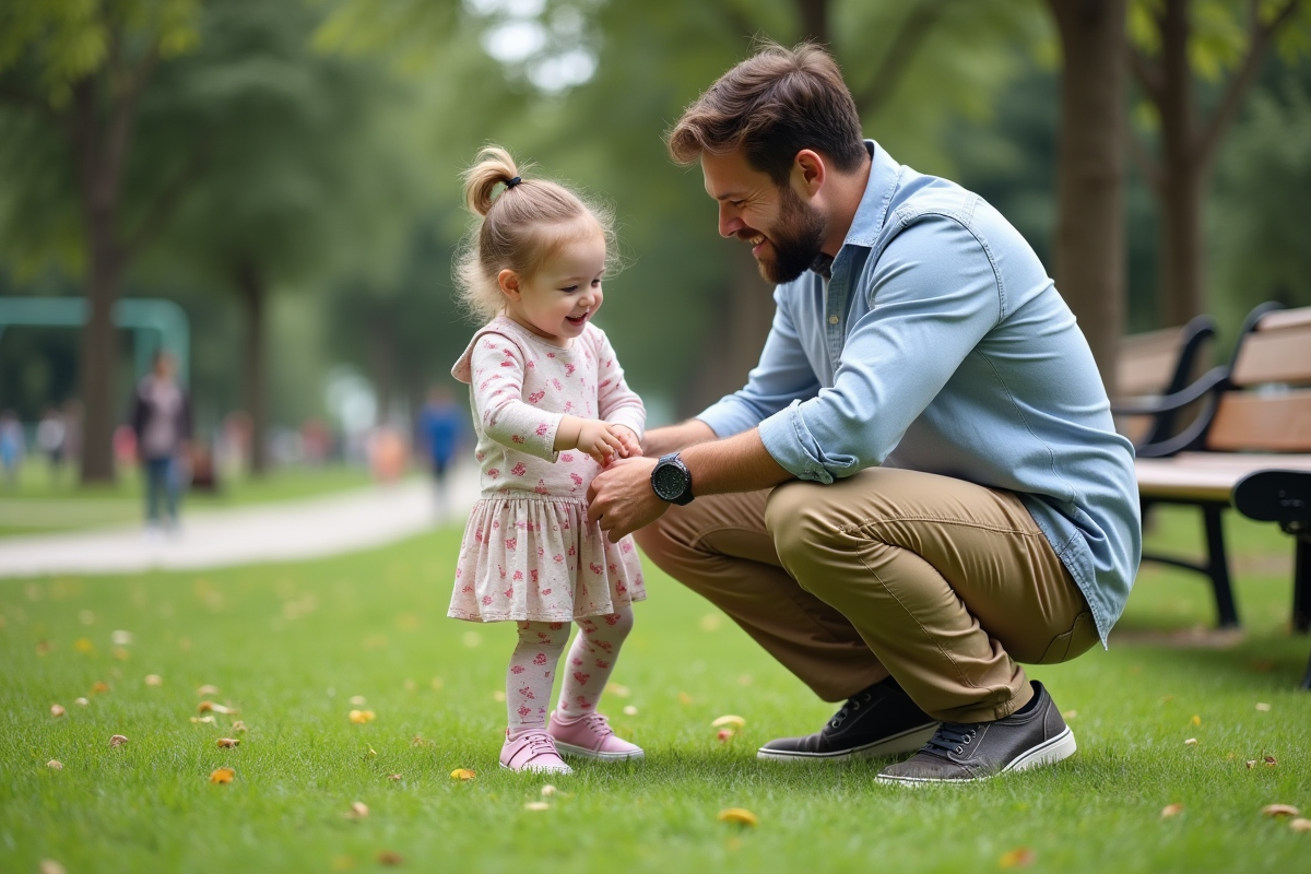 Père aidant sa fille à mettre ses chaussures dans un parc