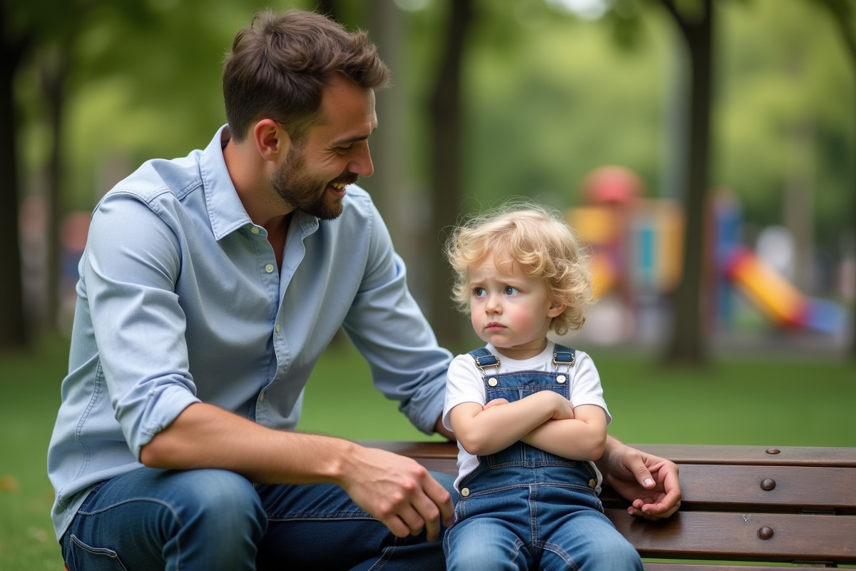 Père calme avec son fils dans un parc urbain naturel