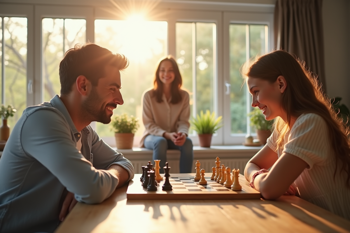 Père et adolescente jouant aux échecs à la cuisine en famille