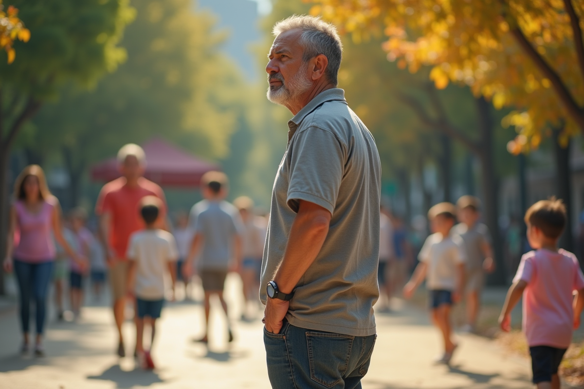 Pere regardant son enfant jouer dans un parc animé