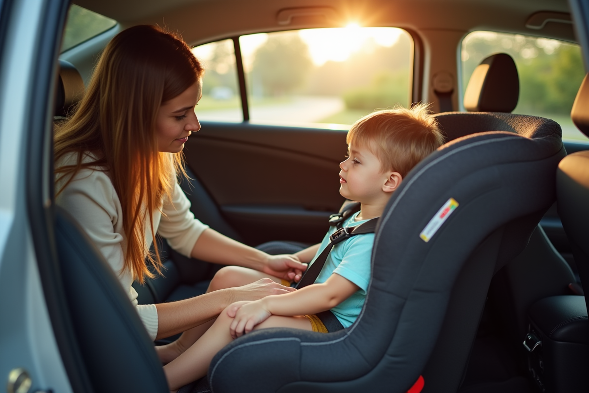 Parent attachant un enfant dans un siège auto sécurisé