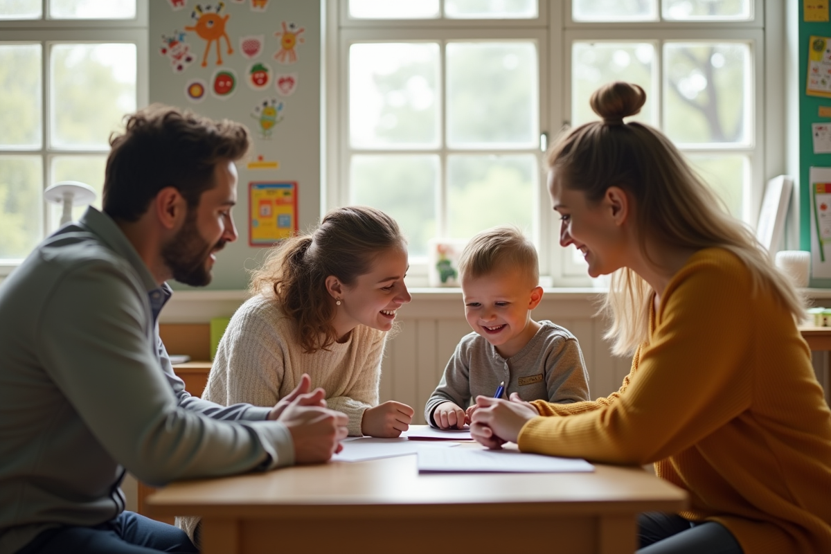 Parents et enseignant discutant avec un enfant dans la classe