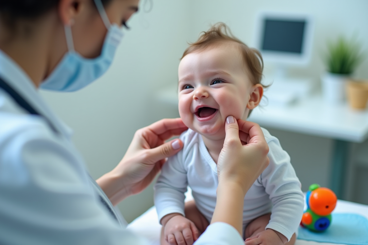 Pédiatre examinant un bébé de 7 mois heureux
