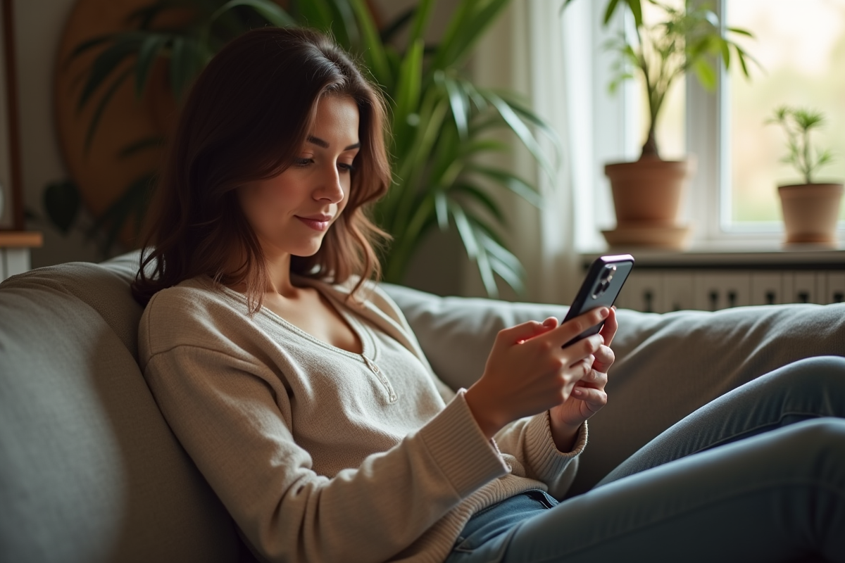 Une personne utilisant une application de rencontre sur smartphone à la maison