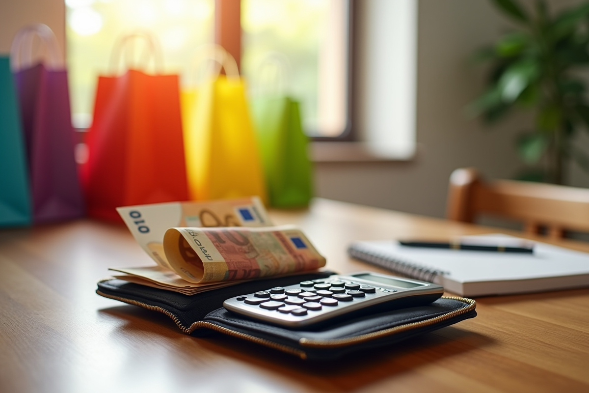 Portefeuille avec billets et calculatrice sur une table en bois