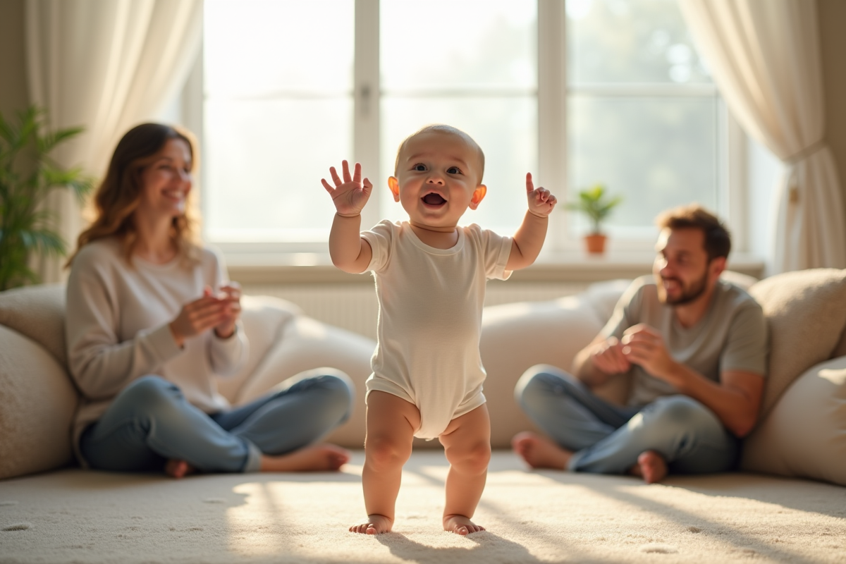 Bébé debout seul dans le salon lumineux avec parents souriants