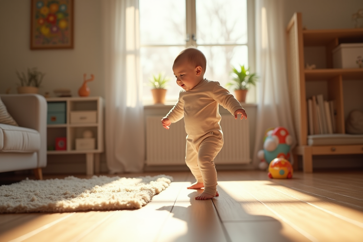 Bébé faisant ses premiers pas avec un parent dans un salon lumineux