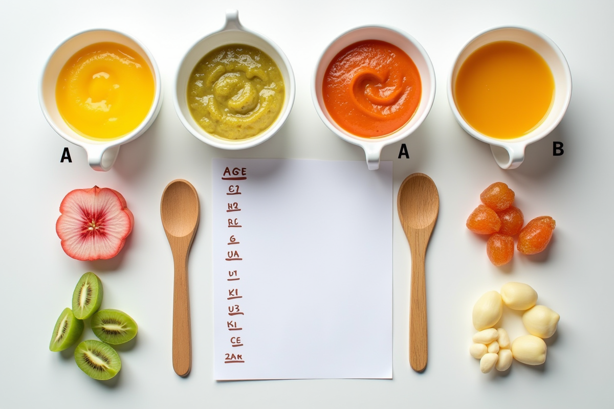 Disposition de purées pour bébé par âge avec cuillères en bois et checklist