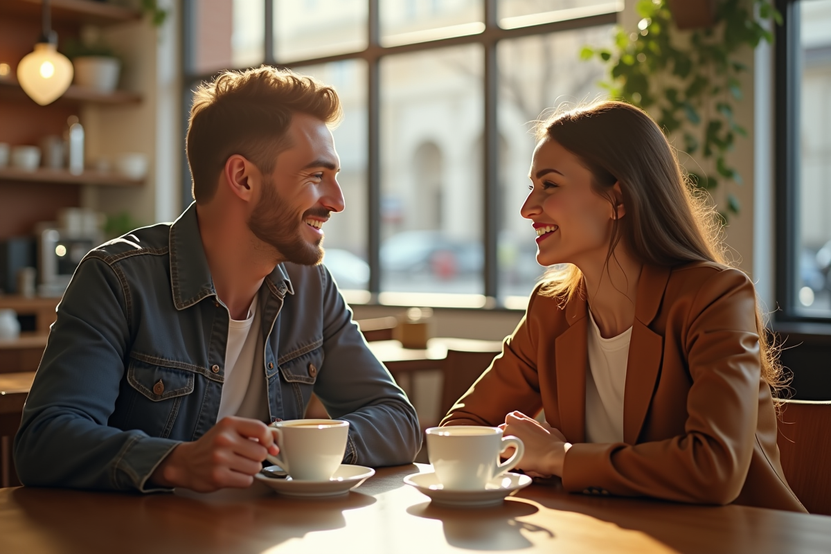 Un couple souriant discutant autour d'un café dans un café lumineux