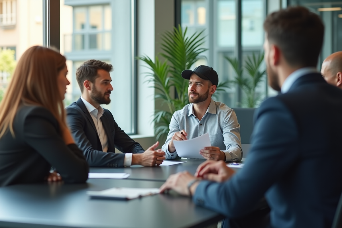 Homme en casquette lors d une réunion de travail en bureau moderne