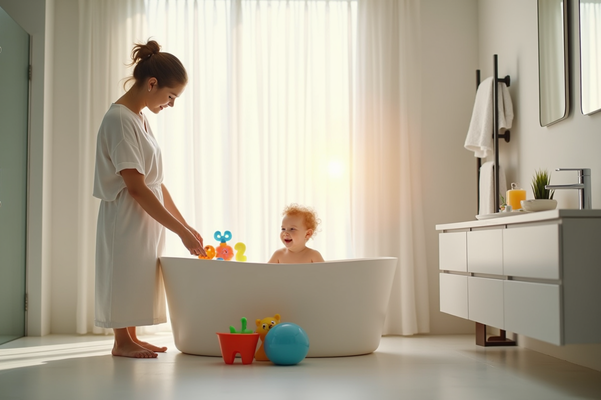 Salle de bain moderne avec jouets de bain colorés et lumière naturelle