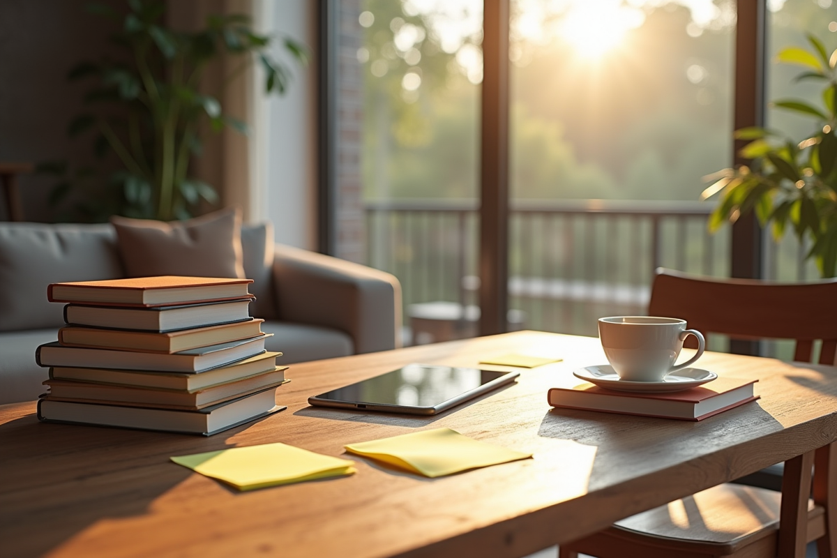 Salon moderne avec table de travail et livres pour étudier efficacement
