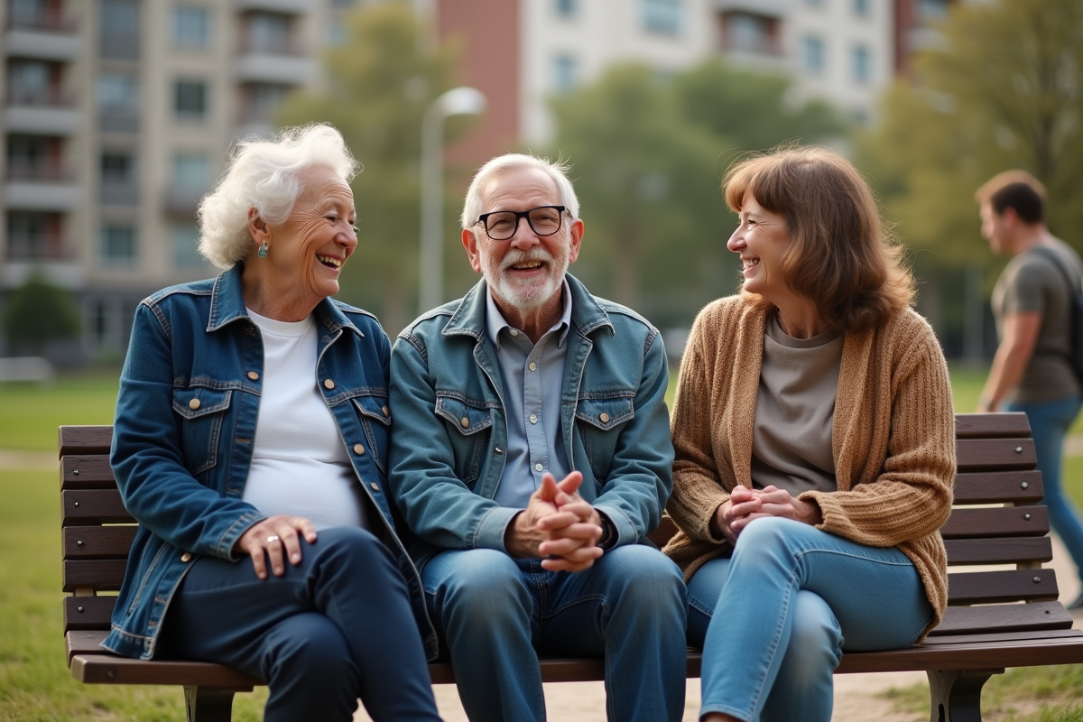 Seniors riant dans un parc urbain avec enfants