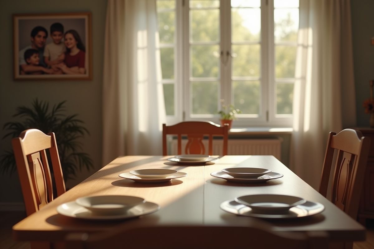 Table de repas familial vide avec assiettes et tension