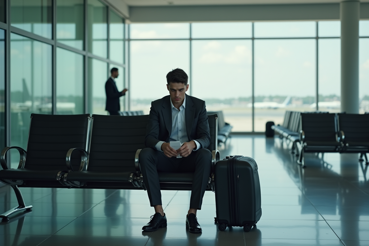 Jeune voyageur d'affaires dans un aéroport lumineux